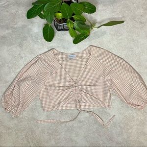 Chriselle Lim x JOA Pink Gingham Puff Sleeve Crop Top Size Extra Large